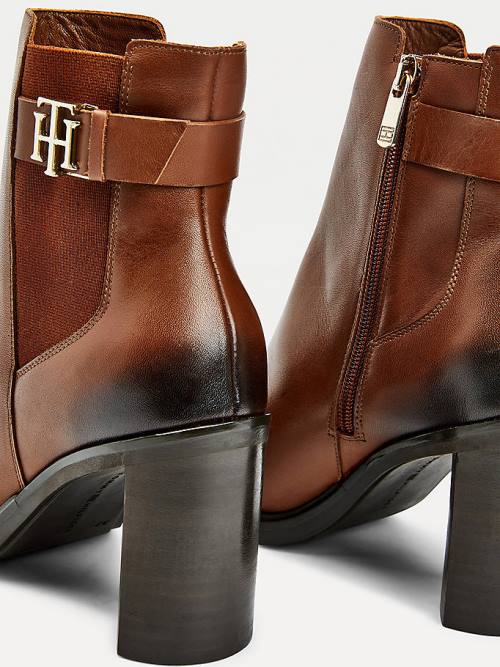 Tommy Hilfiger Monogram High Heel Deri Ankle Bot Kadın Kahverengi | TH195QIT