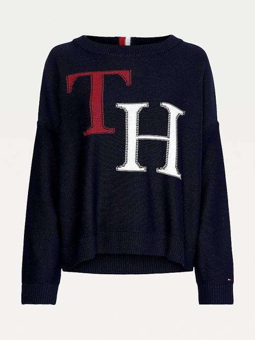 Tommy Hilfiger Monogram Knit Round Neck Jumper Kazak Kadın Mavi | TH796KQI