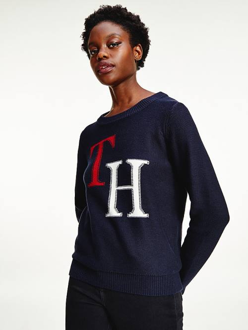 Tommy Hilfiger Monogram Knit Round Neck Jumper Kazak Kadın Mavi | TH796KQI