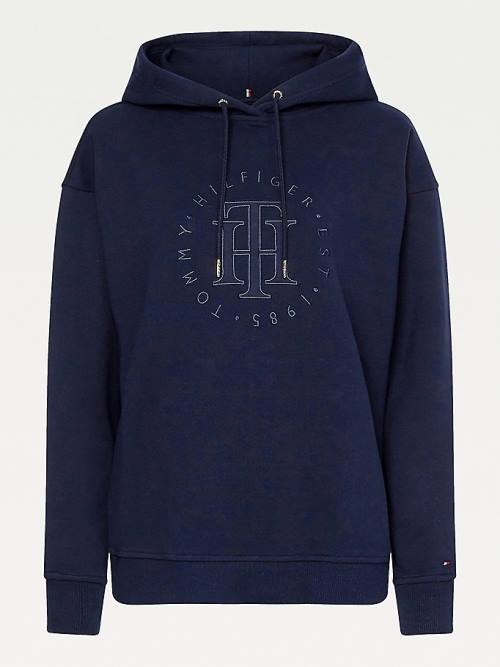 Tommy Hilfiger Monogram Organic Pamuklu Kapüşonlu Sweatshirt Kadın Mavi | TH182RMZ