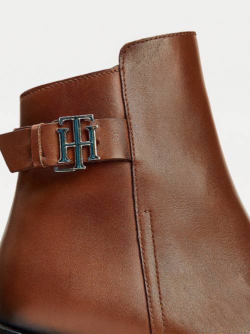 Tommy Hilfiger Monogram Plaque Deri Ankle Bot Kadın Kahverengi | TH945BLU