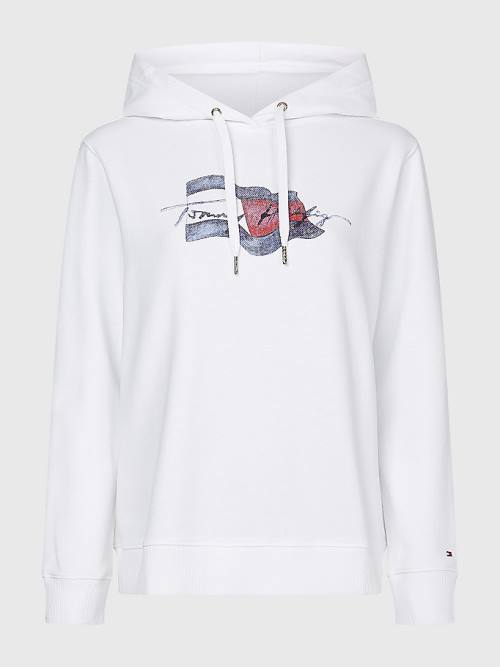 Tommy Hilfiger Motion Flag Logo Kapüşonlu Sweatshirt Kadın Beyaz | TH594CXF