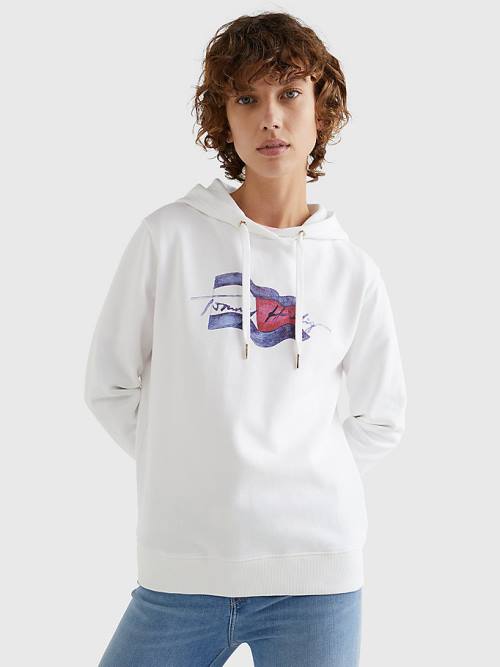 Tommy Hilfiger Motion Flag Logo Kapüşonlu Sweatshirt Kadın Beyaz | TH594CXF