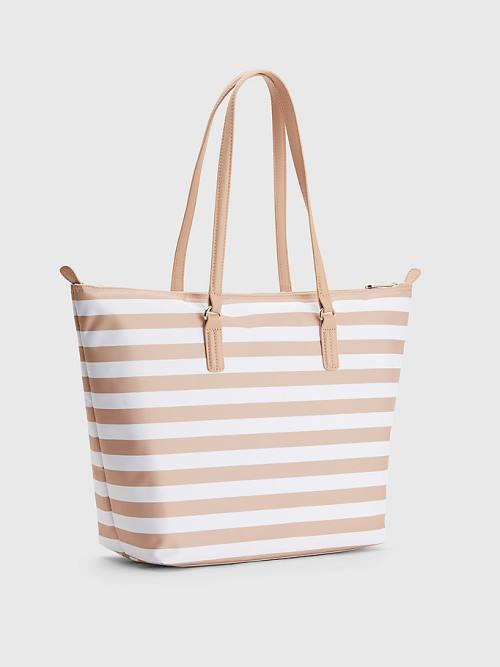 Tommy Hilfiger Nylon Stripe Tote Çanta Kadın Bej Rengi | TH402NGK