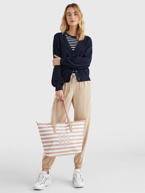 Tommy Hilfiger Nylon Stripe Tote Çanta Kadın Bej Rengi | TH402NGK