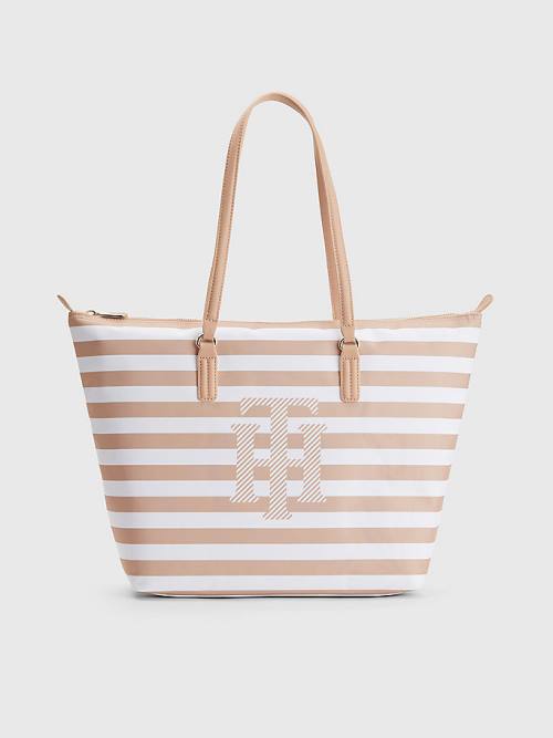 Tommy Hilfiger Nylon Stripe Tote Çanta Kadın Bej Rengi | TH402NGK