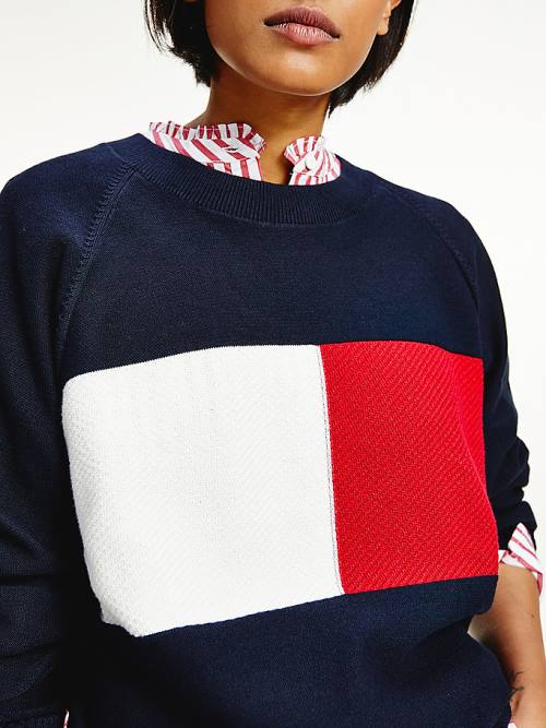 Tommy Hilfiger Organic Pamuklu Colour-Blocked Flag Jumper Kazak Kadın Mavi | TH980PXH