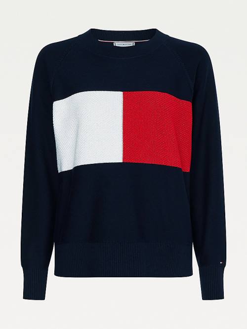 Tommy Hilfiger Organic Pamuklu Colour-Blocked Flag Jumper Kazak Kadın Mavi | TH980PXH