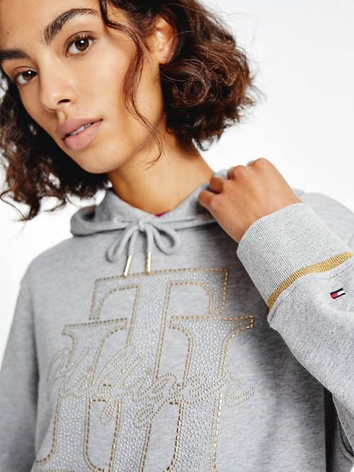 Tommy Hilfiger Organic Pamuklu Crystal Monogram Kapüşonlu Sweatshirt Kadın Gri | TH120QYJ