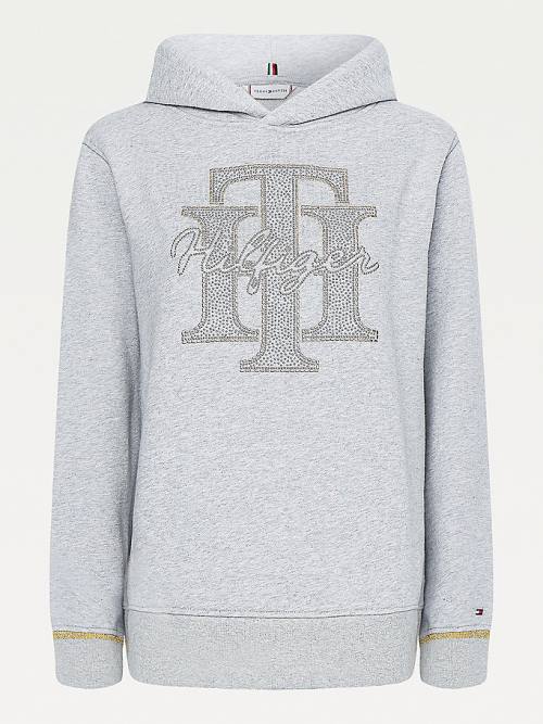 Tommy Hilfiger Organic Pamuklu Crystal Monogram Kapüşonlu Sweatshirt Kadın Gri | TH120QYJ