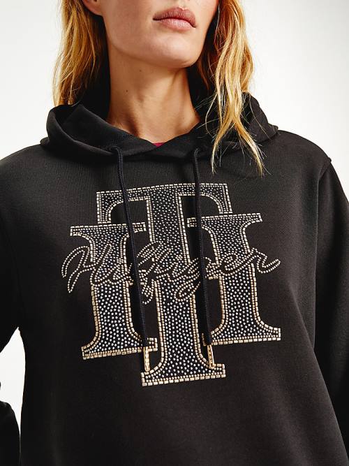 Tommy Hilfiger Organic Pamuklu Crystal Monogram Kapüşonlu Sweatshirt Kadın Siyah | TH947ZXG