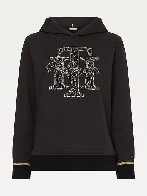 Tommy Hilfiger Organic Pamuklu Crystal Monogram Kapüşonlu Sweatshirt Kadın Siyah | TH947ZXG