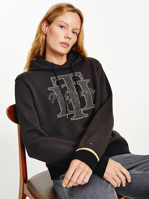 Tommy Hilfiger Organic Pamuklu Crystal Monogram Kapüşonlu Sweatshirt Kadın Siyah | TH947ZXG