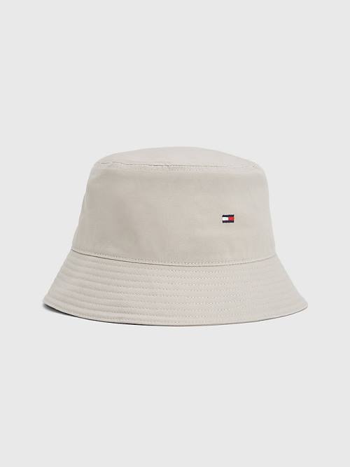 Tommy Hilfiger Organic Pamuklu Flag Embroidery Bucket Şapka Erkek Bej Rengi | TH968FJQ