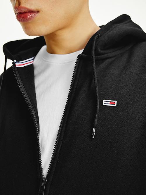 Tommy Hilfiger Organic Pamuklu Fleece Zip-Thru Kapüşonlu Sweatshirt Erkek Siyah | TH385MXN