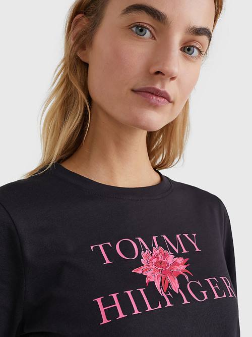 Tommy Hilfiger Organic Pamuklu Floral Print Tişört Kadın Siyah | TH129TUM