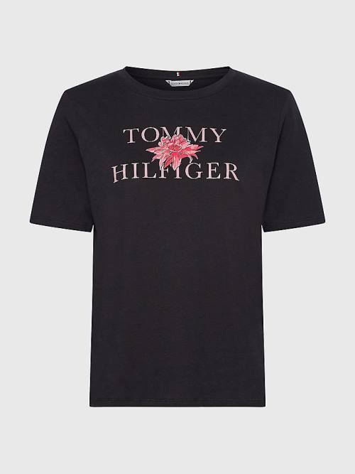 Tommy Hilfiger Organic Pamuklu Floral Print Tişört Kadın Siyah | TH129TUM