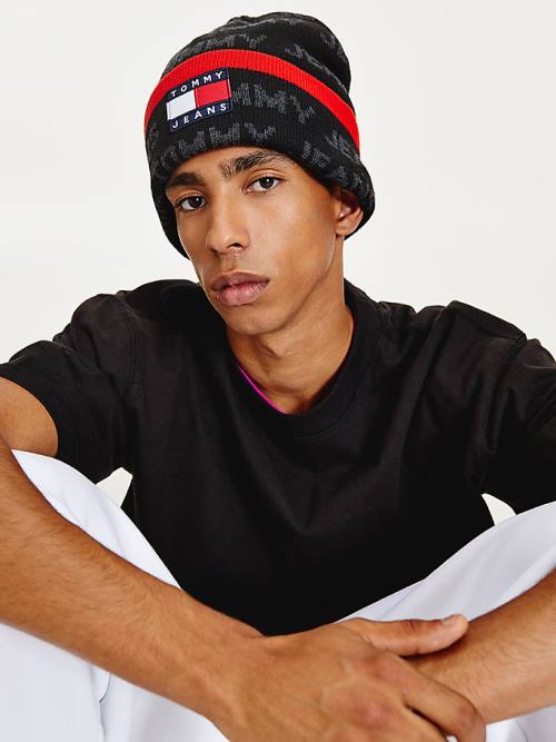 Tommy Hilfiger Organic Pamuklu Logo Print Beanie Şapka Erkek Siyah | TH310HGF