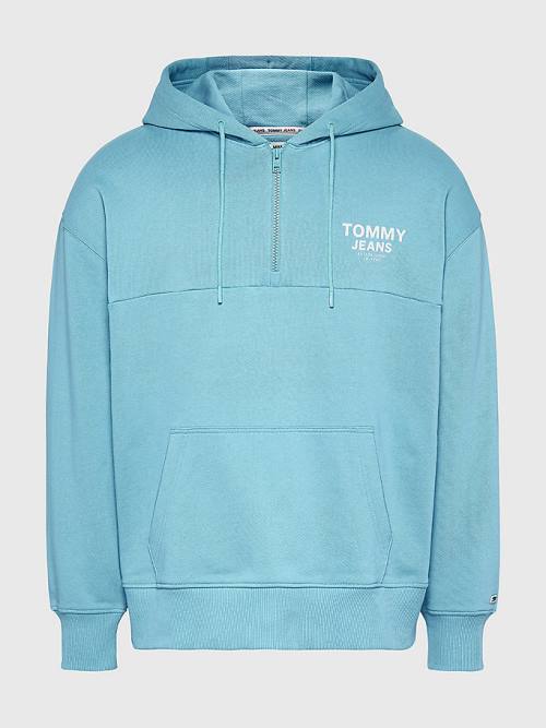 Tommy Hilfiger Organic Pamuklu Logo Tape Kapüşonlu Sweatshirt Erkek Mavi | TH547IEB