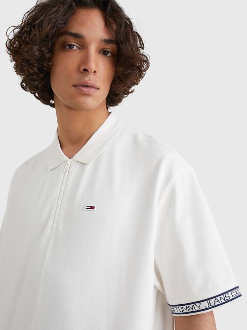 Tommy Hilfiger Organic Pamuklu Logo Tape Polo Yaka Tişört Erkek Beyaz | TH735WJI