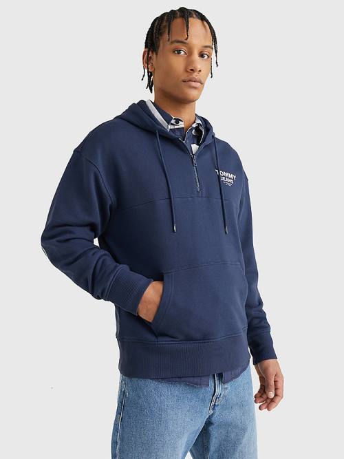 Tommy Hilfiger Organic Pamuklu Logo Tape Kapüşonlu Sweatshirt Erkek Mavi | TH956WYI