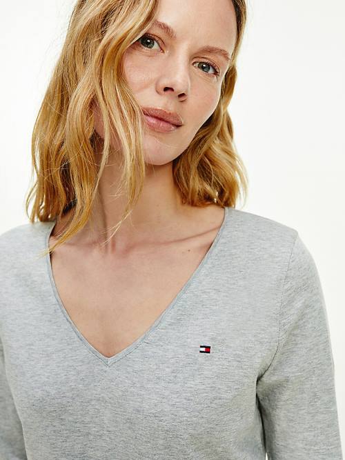 Tommy Hilfiger Organic Pamuklu Long Sleeve V-Neck Tişört Kadın Gri | TH413FUR