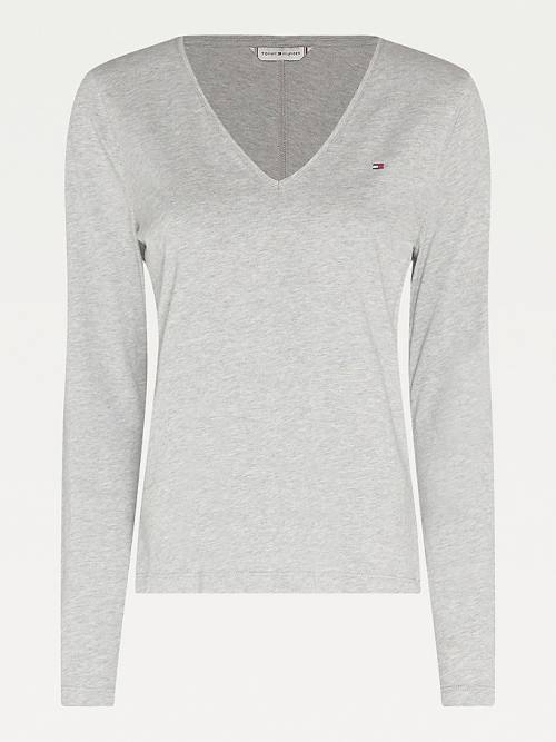 Tommy Hilfiger Organic Pamuklu Long Sleeve V-Neck Tişört Kadın Gri | TH413FUR