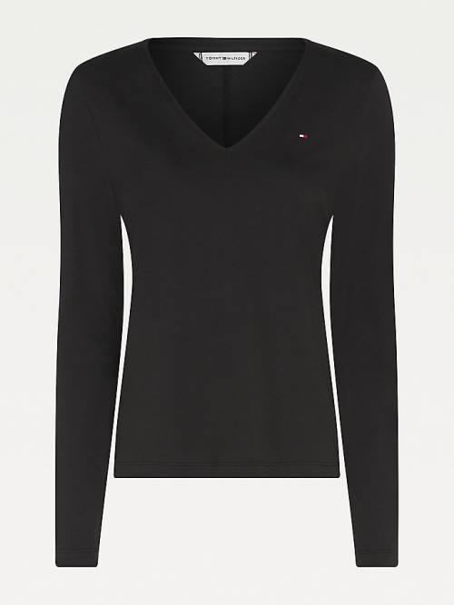 Tommy Hilfiger Organic Pamuklu Long Sleeve V-Neck Tişört Kadın Siyah | TH435MXY