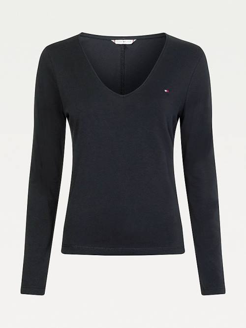 Tommy Hilfiger Organic Pamuklu Long Sleeve V-Neck Tişört Kadın Siyah | TH435MXY