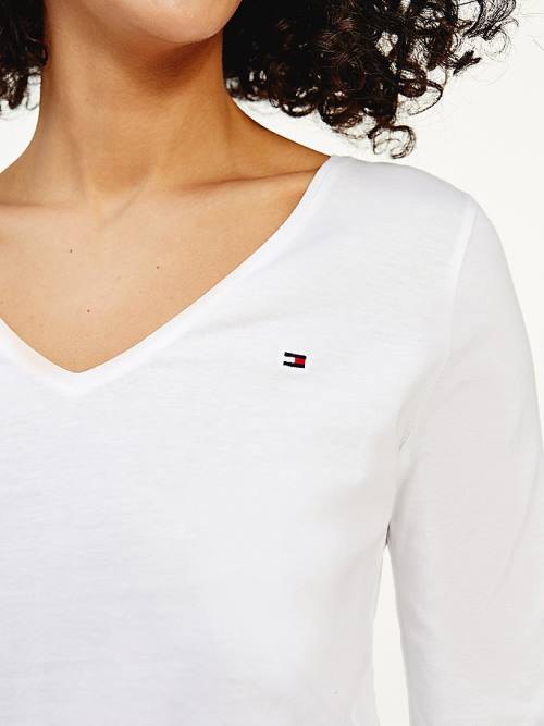 Tommy Hilfiger Organic Pamuklu Long Sleeve V-Neck Tişört Kadın Beyaz | TH718GUO