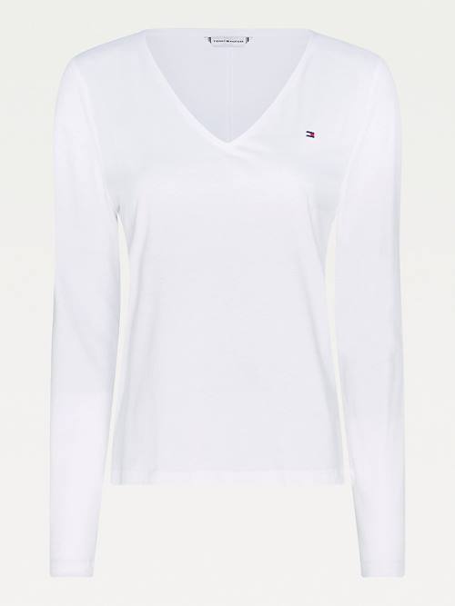 Tommy Hilfiger Organic Pamuklu Long Sleeve V-Neck Tişört Kadın Beyaz | TH718GUO