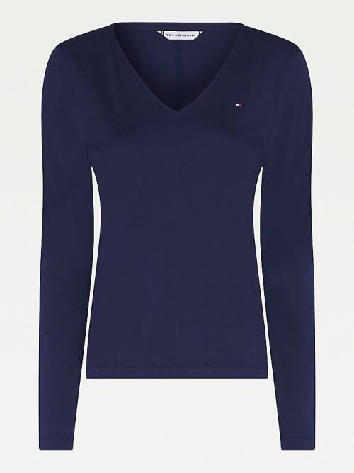 Tommy Hilfiger Organic Pamuklu Long Sleeve V-Neck Tişört Kadın Mavi | TH726PCS