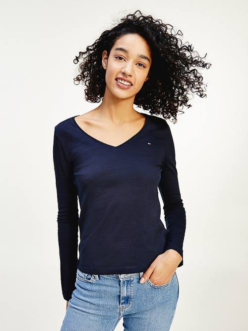 Tommy Hilfiger Organic Pamuklu Long Sleeve V-Neck Tişört Kadın Mavi | TH726PCS