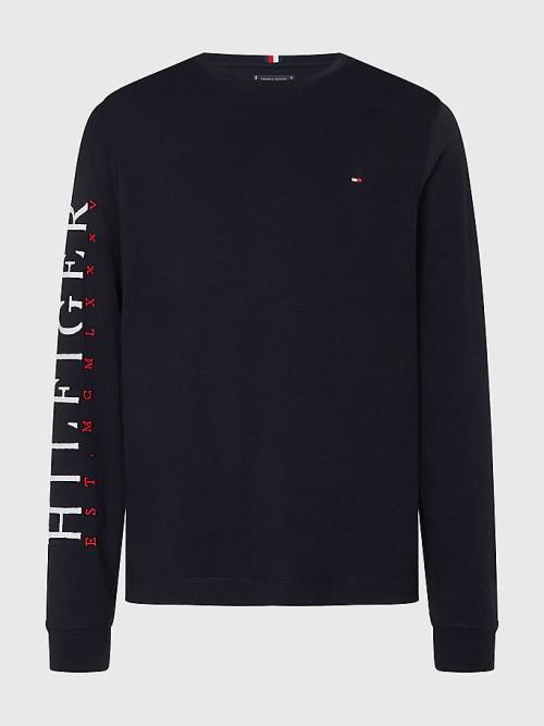 Tommy Hilfiger Organic Pamuklu Long Sleeve Tişört Erkek Mavi | TH934FEW