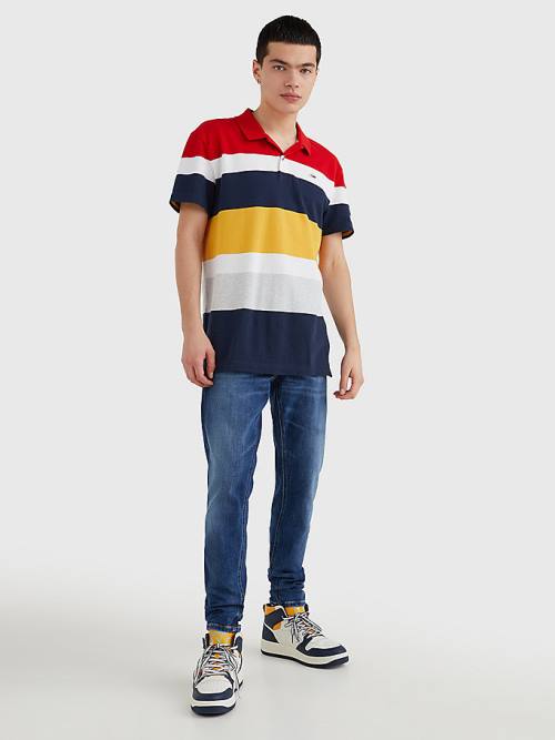 Tommy Hilfiger Organic Pamuklu Pique Multi Stripe Polo Yaka Tişört Erkek Kırmızı | TH712ALV