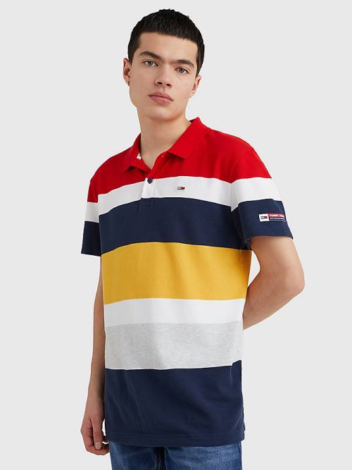 Tommy Hilfiger Organic Pamuklu Pique Multi Stripe Polo Yaka Tişört Erkek Kırmızı | TH712ALV