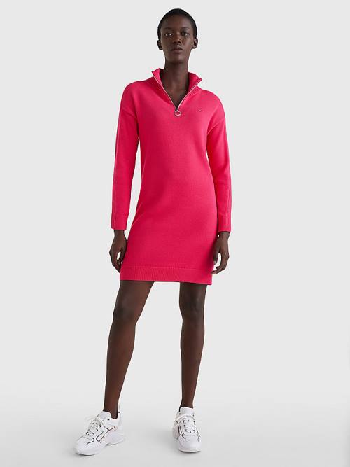 Tommy Hilfiger Organic Pamuklu Relaxed Fit Half-Zip Elbise Kadın Pembe | TH736IZR