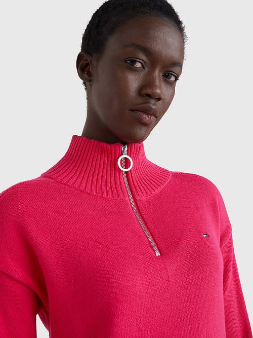 Tommy Hilfiger Organic Pamuklu Relaxed Fit Half-Zip Elbise Kadın Pembe | TH736IZR