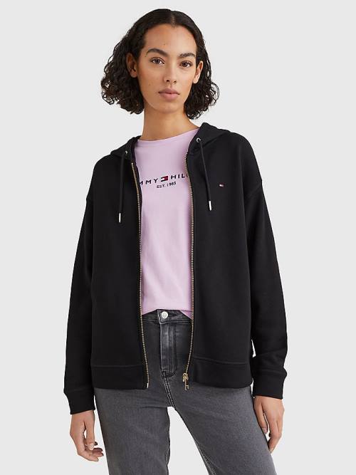 Tommy Hilfiger Organic Pamuklu Relaxed Fit Zip-Thru Kapüşonlu Sweatshirt Kadın Siyah | TH742PCJ