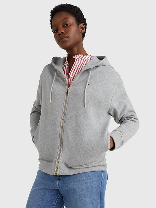 Tommy Hilfiger Organic Pamuklu Relaxed Fit Zip-Thru Kapüşonlu Sweatshirt Kadın Gri | TH813NJI