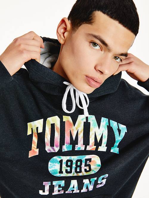 Tommy Hilfiger Organic Pamuklu Relaxed Tie-Dye Logo Kapüşonlu Sweatshirt Erkek Siyah | TH048GMY