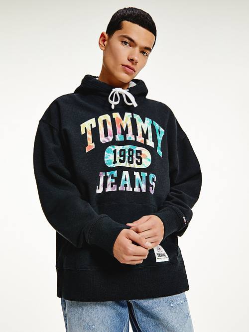 Tommy Hilfiger Organic Pamuklu Relaxed Tie-Dye Logo Kapüşonlu Sweatshirt Erkek Siyah | TH048GMY