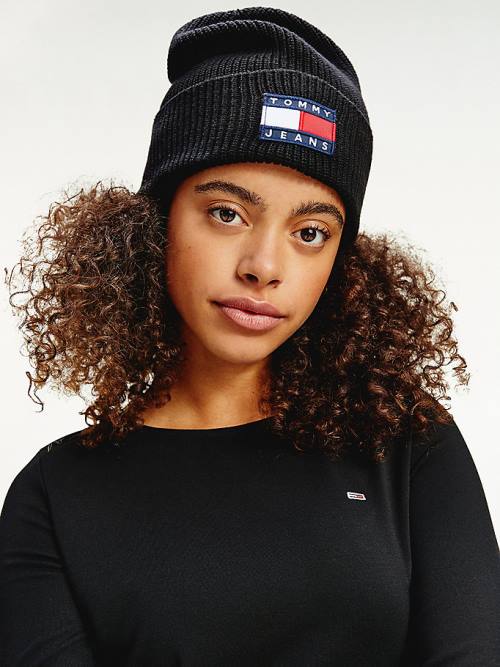 Tommy Hilfiger Organic Pamuklu Rib-Knit Badge Beanie Şapka Kadın Siyah | TH012DCZ