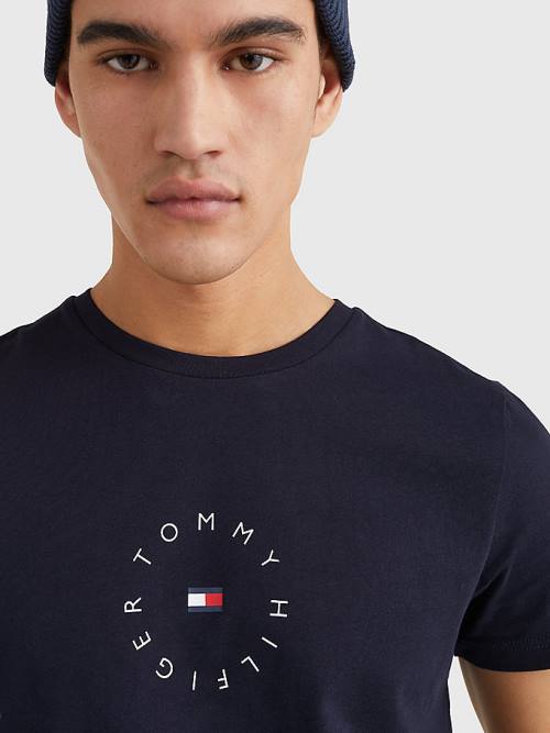 Tommy Hilfiger Organic Pamuklu Round Logo Tişört Erkek Mavi | TH378HIF