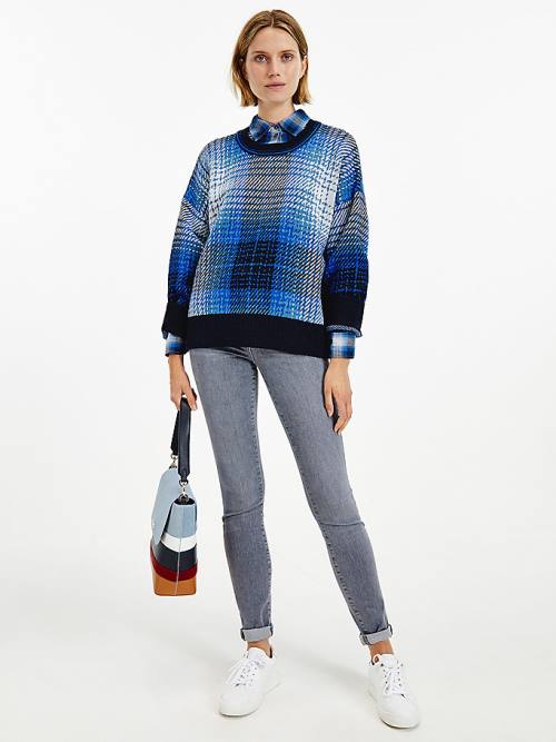 Tommy Hilfiger Organic Pamuklu Shadow Check Jumper Kazak Kadın Mavi | TH856KCE