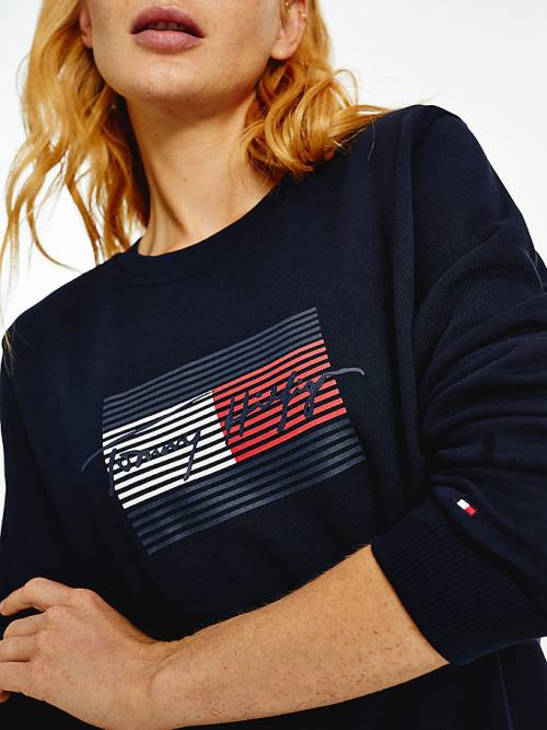 Tommy Hilfiger Organic Pamuklu Signature Logo Sweatshirt Kadın Mavi | TH938UCJ