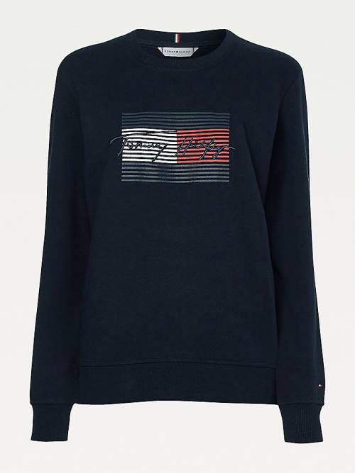 Tommy Hilfiger Organic Pamuklu Signature Logo Sweatshirt Kadın Mavi | TH938UCJ