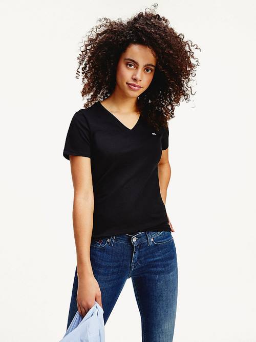 Tommy Hilfiger Organic Pamuklu Skinny Fit V-Neck Tişört Kadın Siyah | TH235VDA