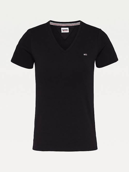 Tommy Hilfiger Organic Pamuklu Skinny Fit V-Neck Tişört Kadın Siyah | TH235VDA