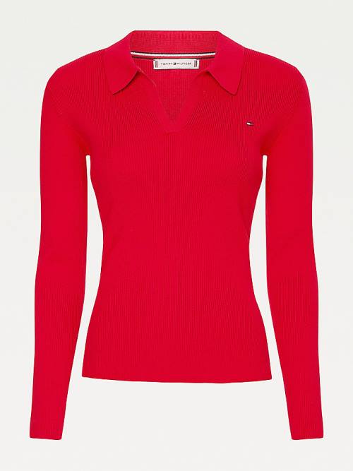 Tommy Hilfiger Organic Pamuklu Slim Fit Polo Jumper Kazak Kadın Kırmızı | TH520UEJ